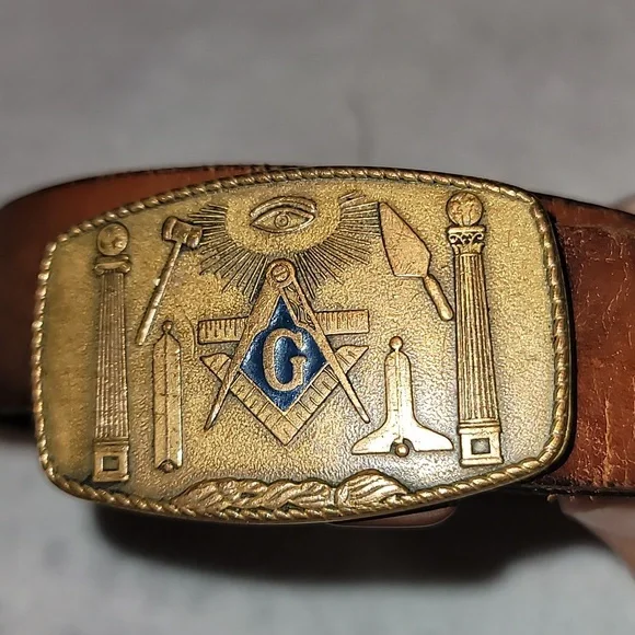 Masonic Harry Klitzner Brass Belt Buckle On Leather Belt - Picture 2 of 9